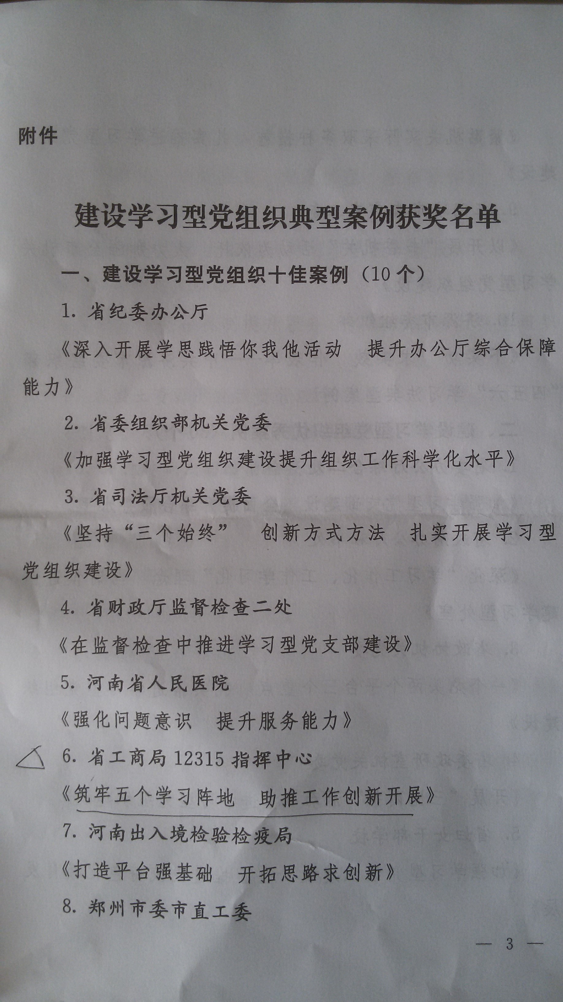 河南省工商局12315指揮中心選送案例獲評(píng)“建設(shè)學(xué)習(xí)型黨組織十佳案例”