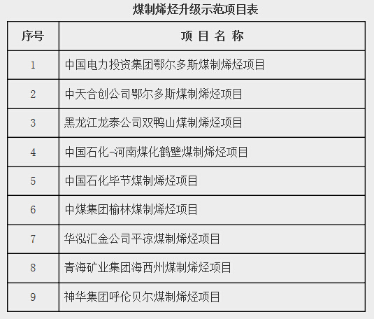 煤制烯烴升級(jí)示范項(xiàng)目表