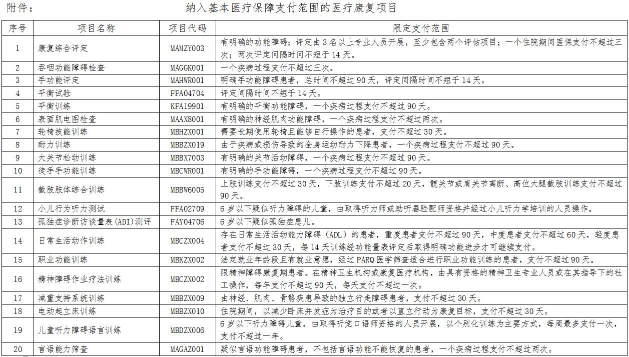 納入基本醫(yī)療保障支付范圍的 醫(yī)療康復項目