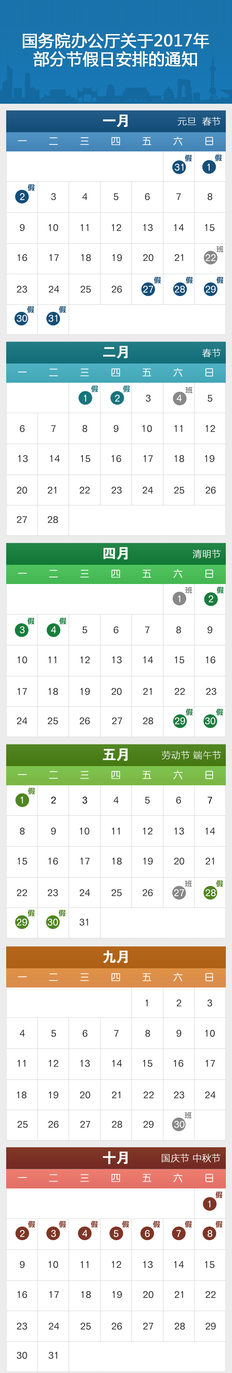 國辦發(fā)明電〔2016〕17號(hào)《國務(wù)院辦公廳關(guān)于2017年部分節(jié)假日安排的通知》【附日歷圖示】