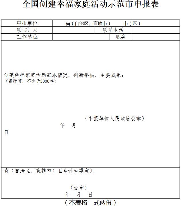 全國創(chuàng)建幸福家庭活動示范市申報(bào)表