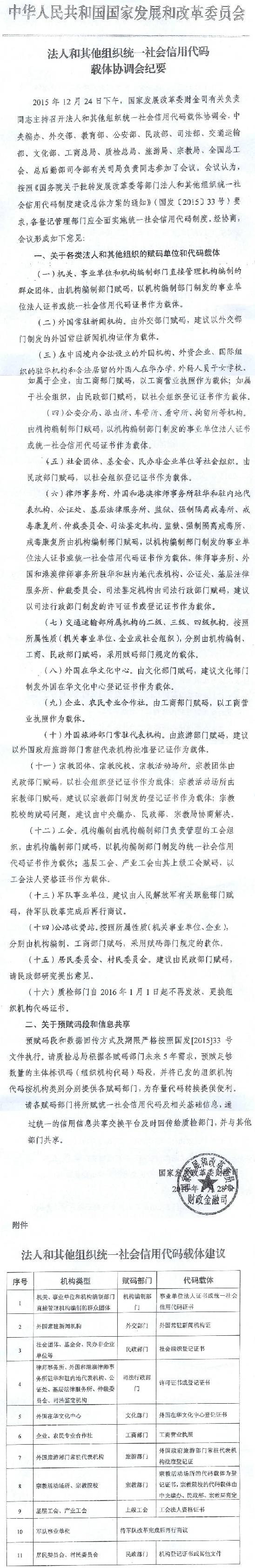 《法人和其他組織統(tǒng)一社會信用代碼載體協(xié)調(diào)會紀(jì)要》（全文）