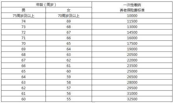 男滿60周歲、女滿55周歲的城鎮(zhèn)小集體企業(yè)職工等未參保人員繳費標(biāo)準(zhǔn)表