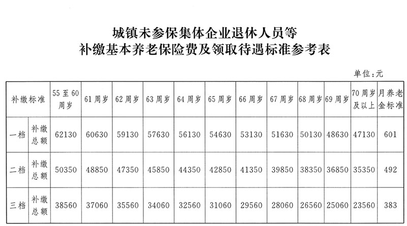 城鎮(zhèn)未參保集體企業(yè)退休人員等補(bǔ)繳基本養(yǎng)老保險(xiǎn)費(fèi)及領(lǐng)取待遇標(biāo)準(zhǔn)參考表